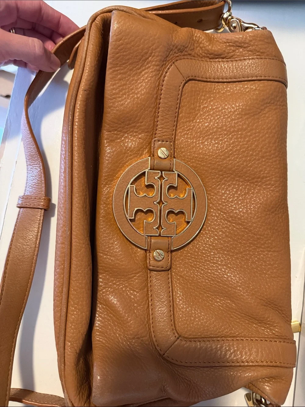 Tory Burch Camel Brown Leather Crossbody with Gold Logo